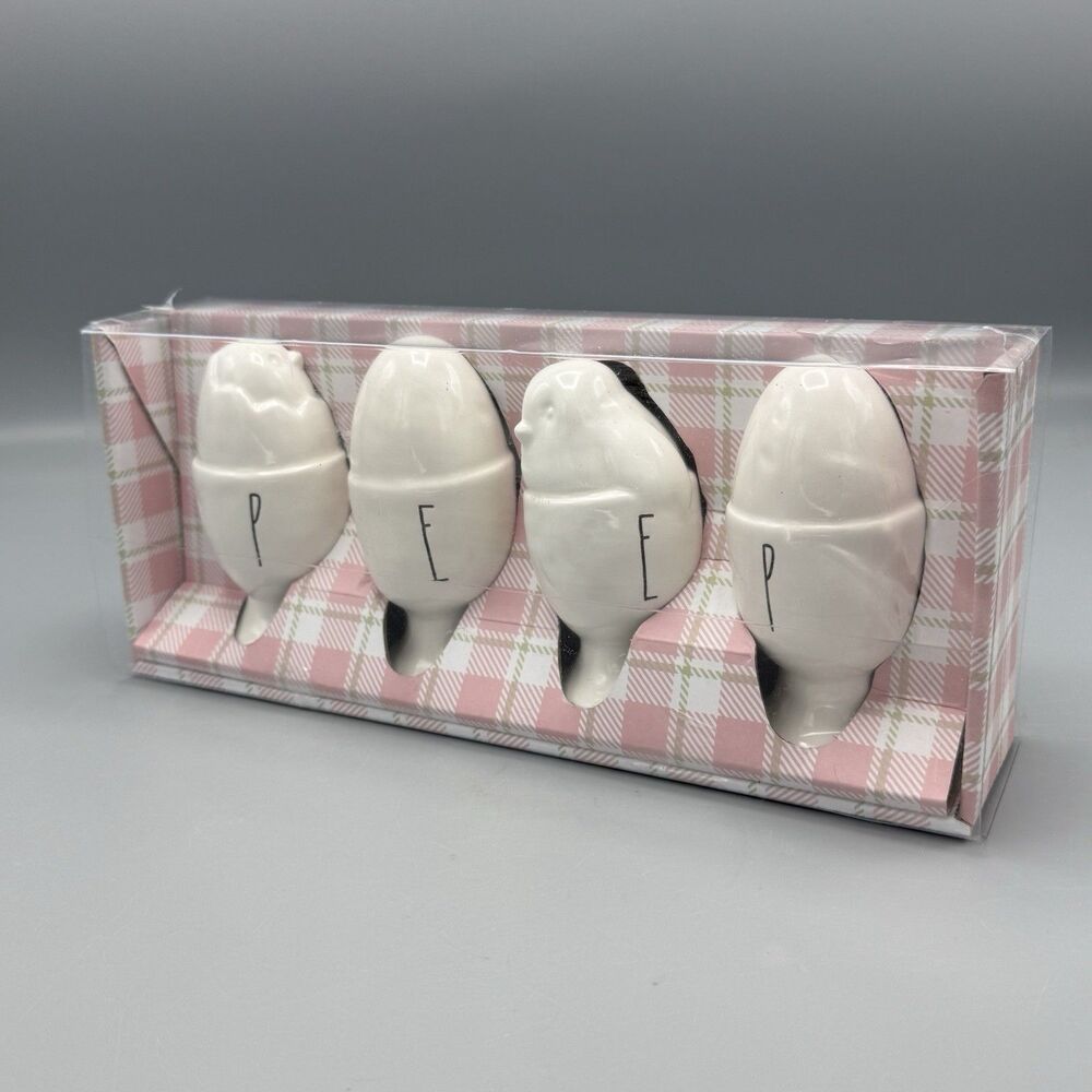 Rae Dunn Artisan Collection by Magenta Set of 4 Chick Egg Cups Plaid Box PEEP